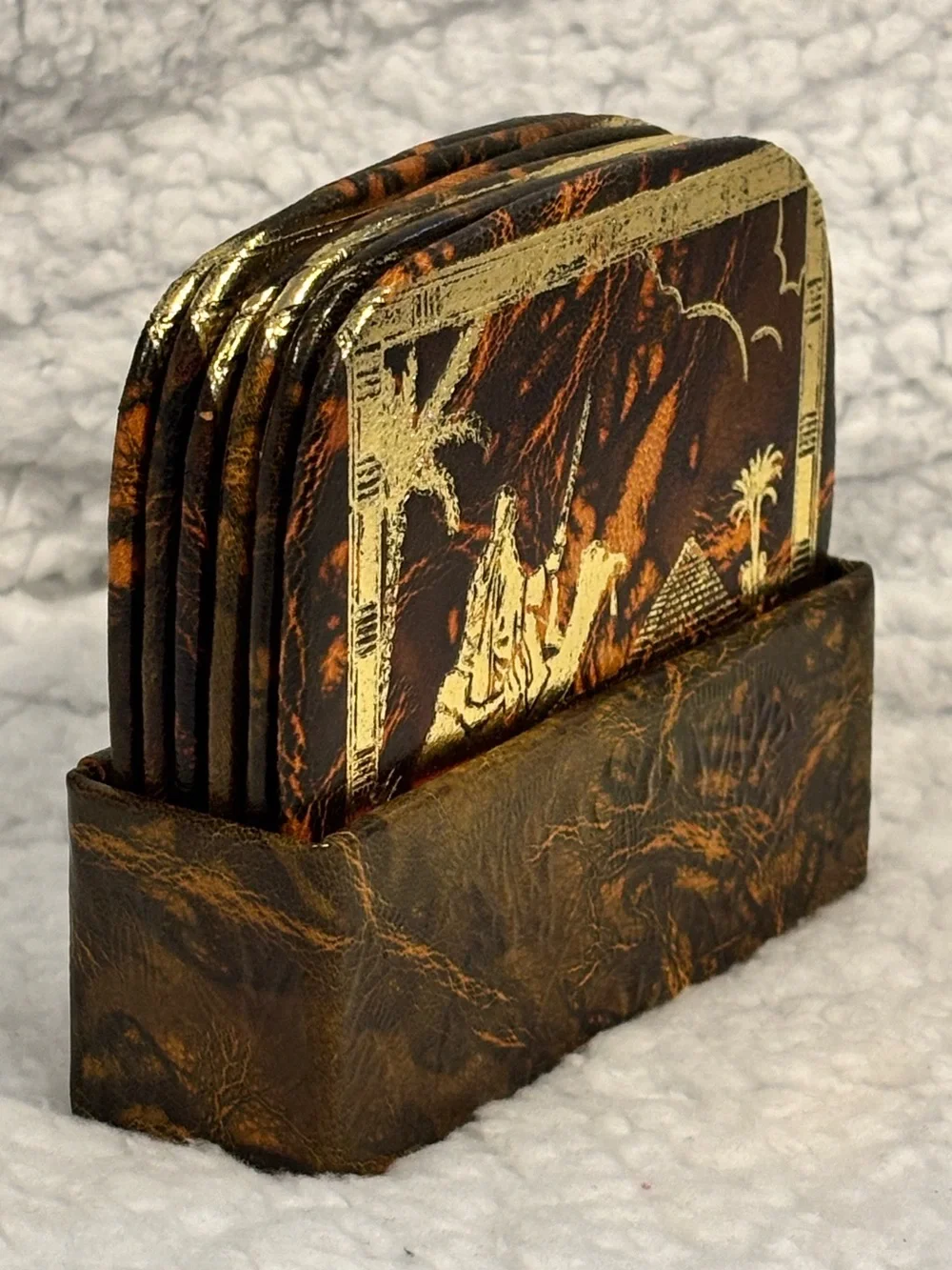 Vintage Egyptian Camel & Pyramid Coaster Set of 6 with Faux Leather Holder